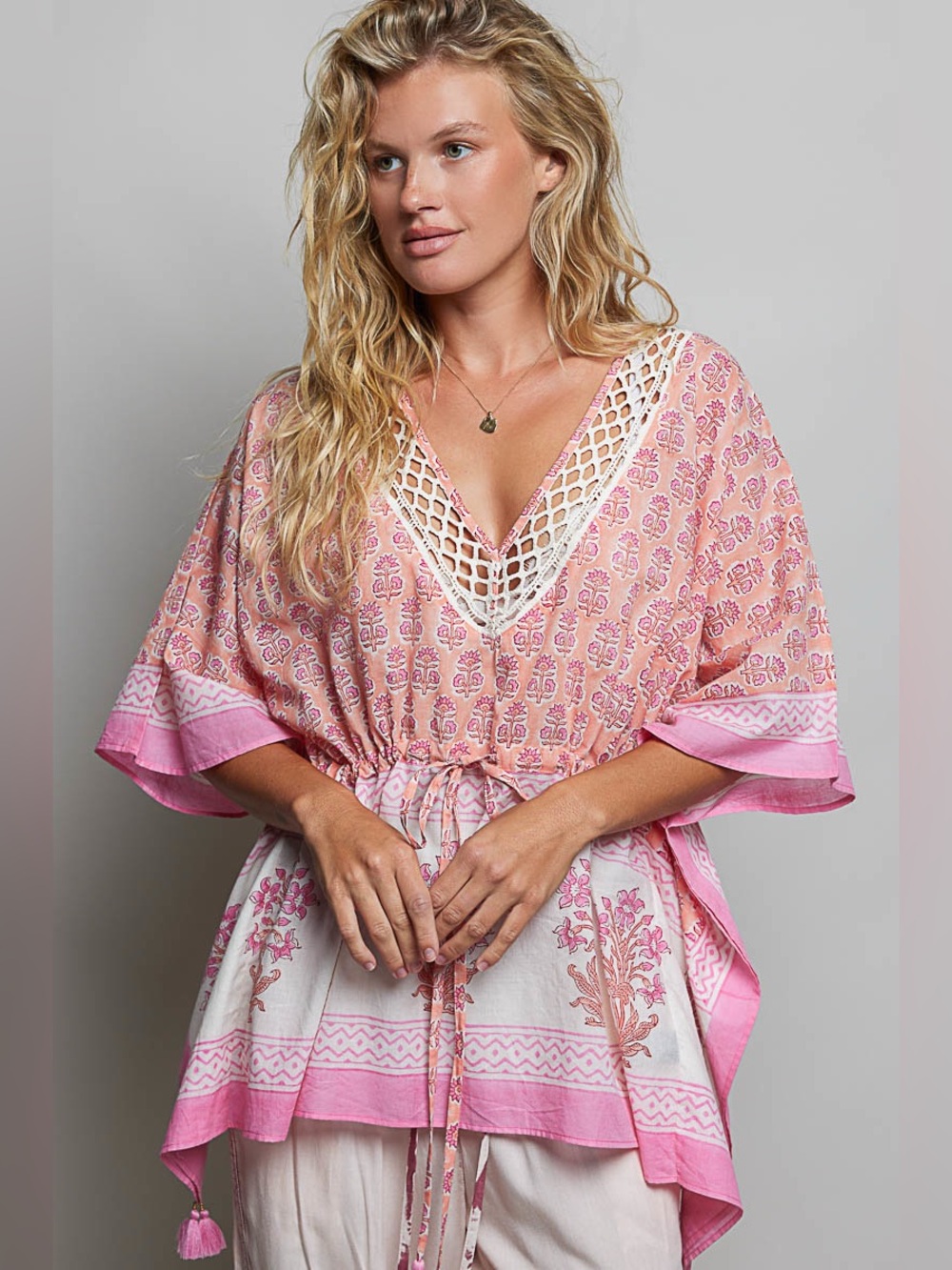 #3 POL Pink and White Crochet V-Neck Boho Tunic